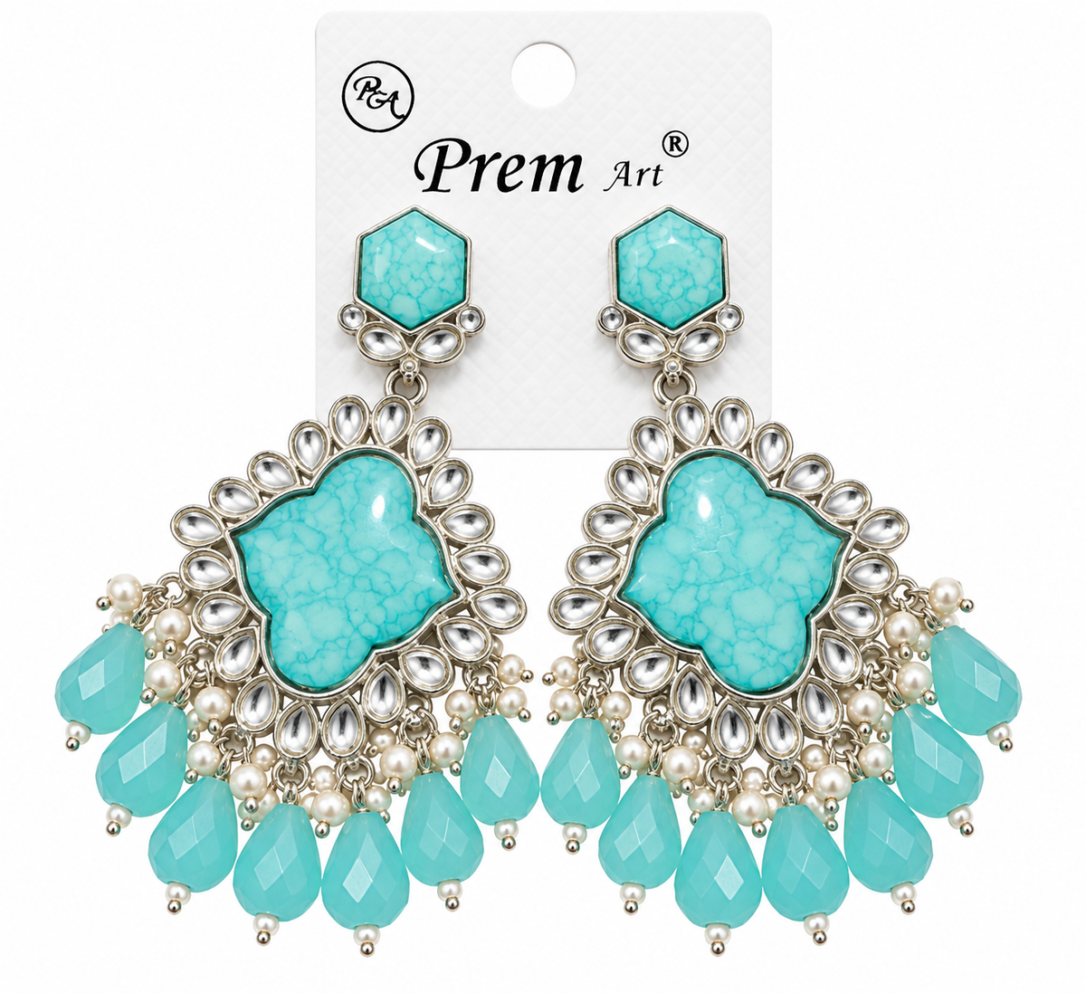 Premium Silver-Toned Turquoise Blue Chandelier Earrings