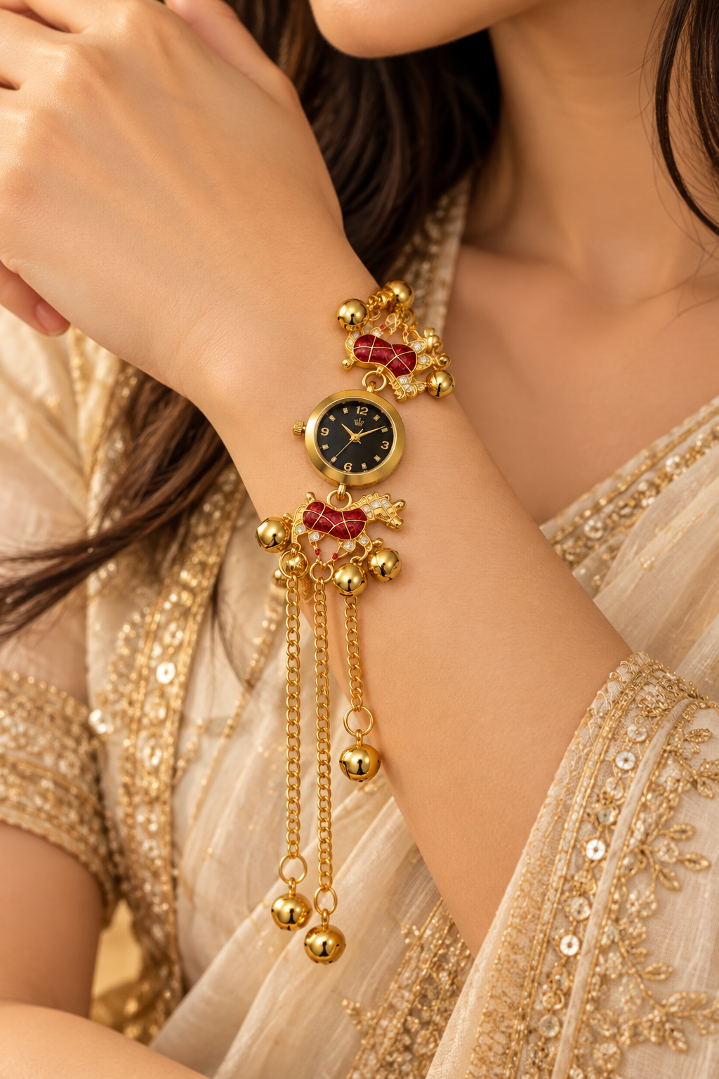 Elegant Gold-Toned Pendant Watch with Red Floral Accents