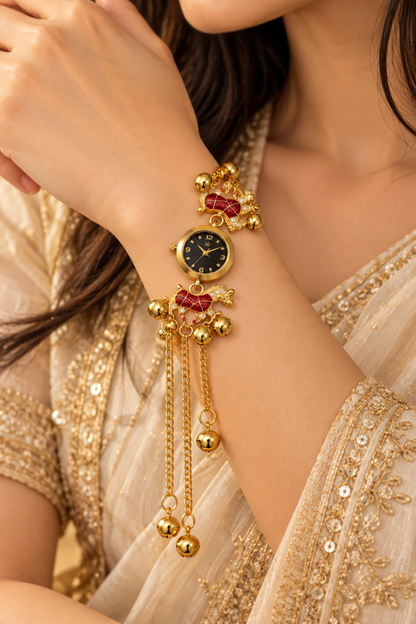 Elegant Gold-Toned Pendant Watch with Red Floral Accents