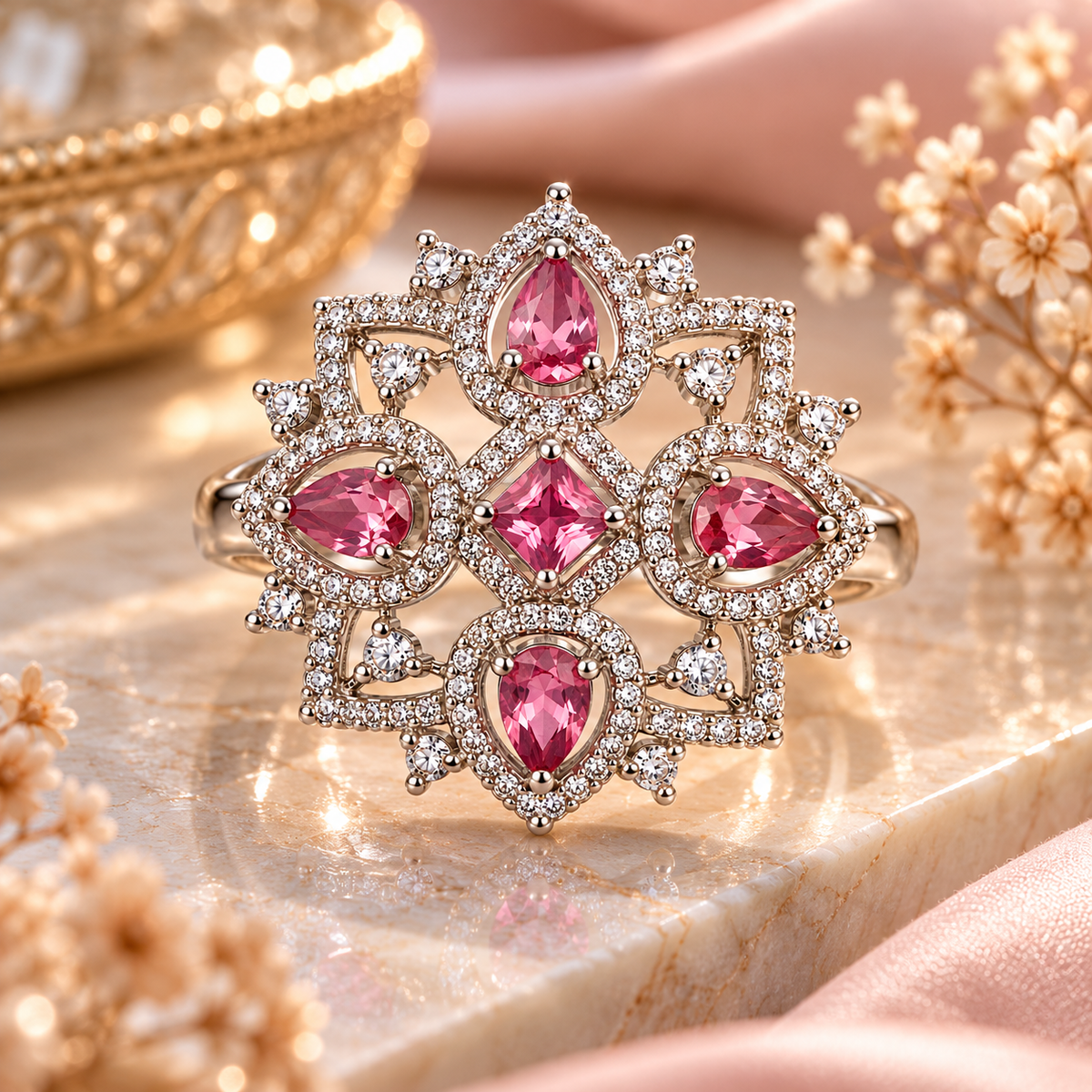 Silver-Toned Pink Floral Statement Ring