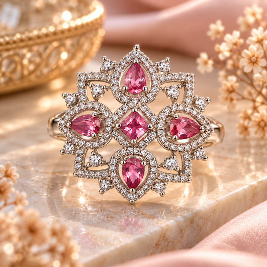 Silver-Toned Pink Floral Statement Ring