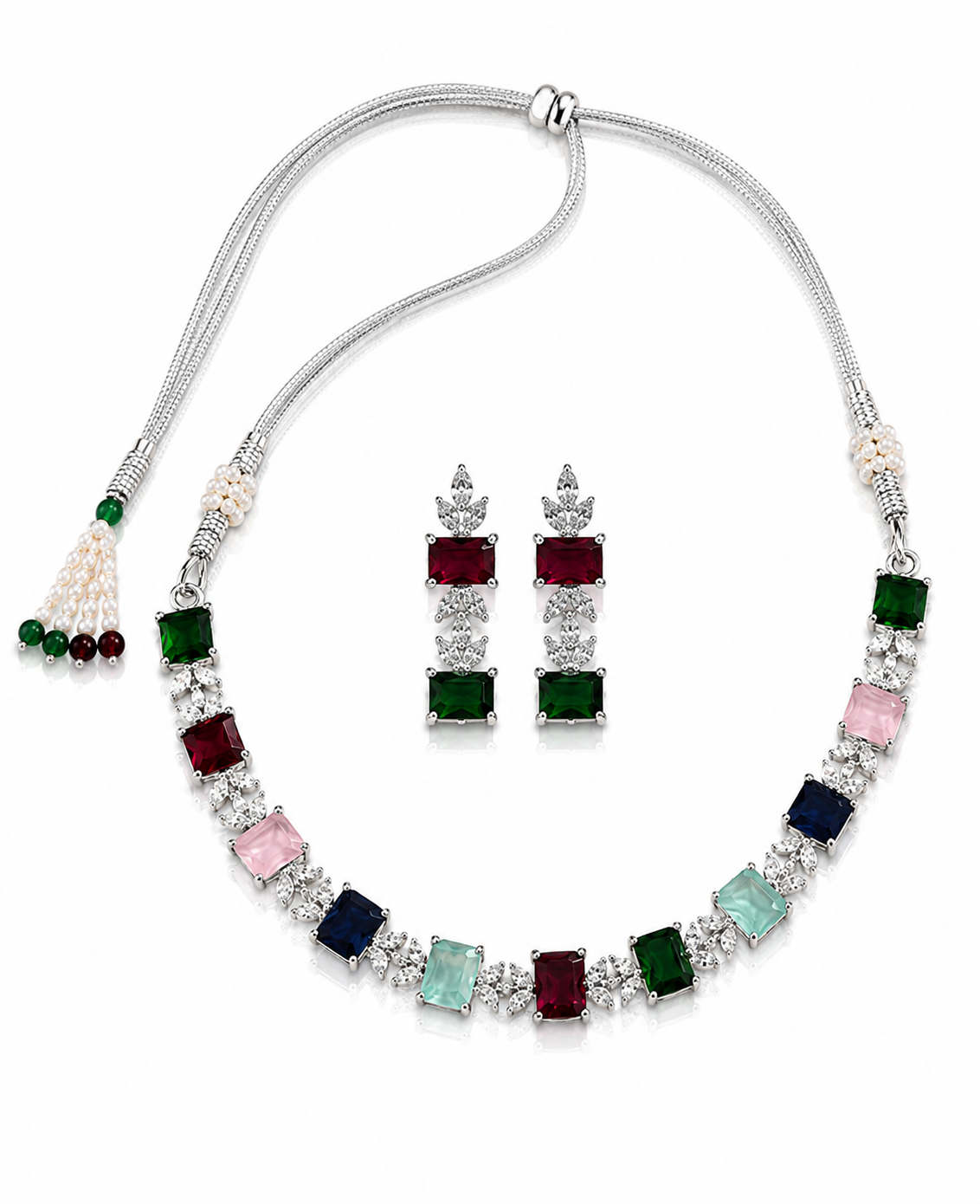 Elegant Multicolor Rectangular Gemstone Necklace & Earring Set