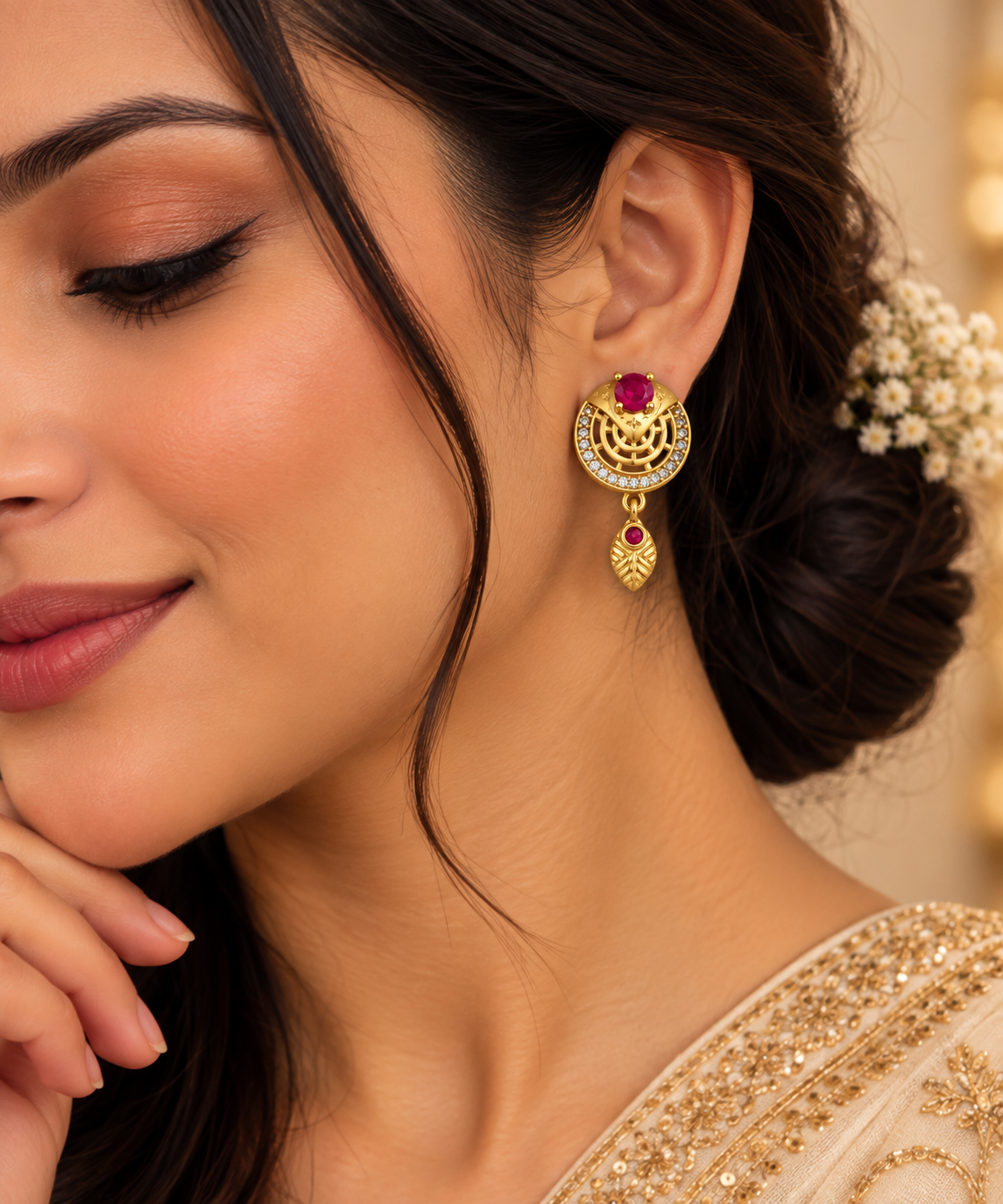Gold-Plated Purple Floral Stud Drop Earrings