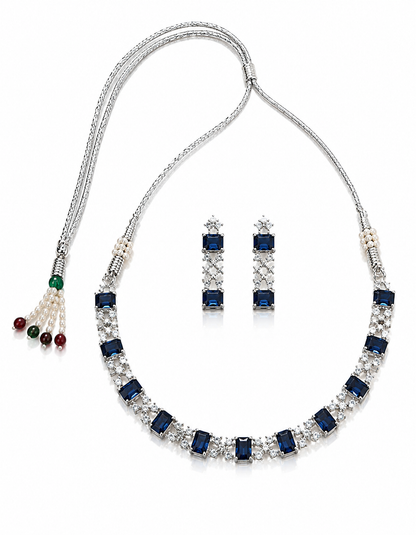 Silver-Toned Navy Blue Stone Necklace & Earring Set