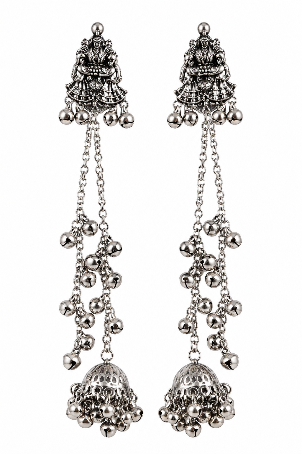 Premium Oxidized Silver Long Chain Jhumka Earrings with Traditional Bell Embellishments