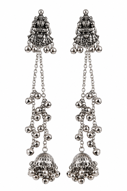 Premium Oxidized Silver Long Chain Jhumka Earrings with Traditional Bell Embellishments