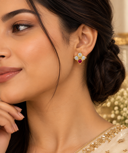 Premium Ruby & Crystal Gold-Plated Floral Stud Earrings