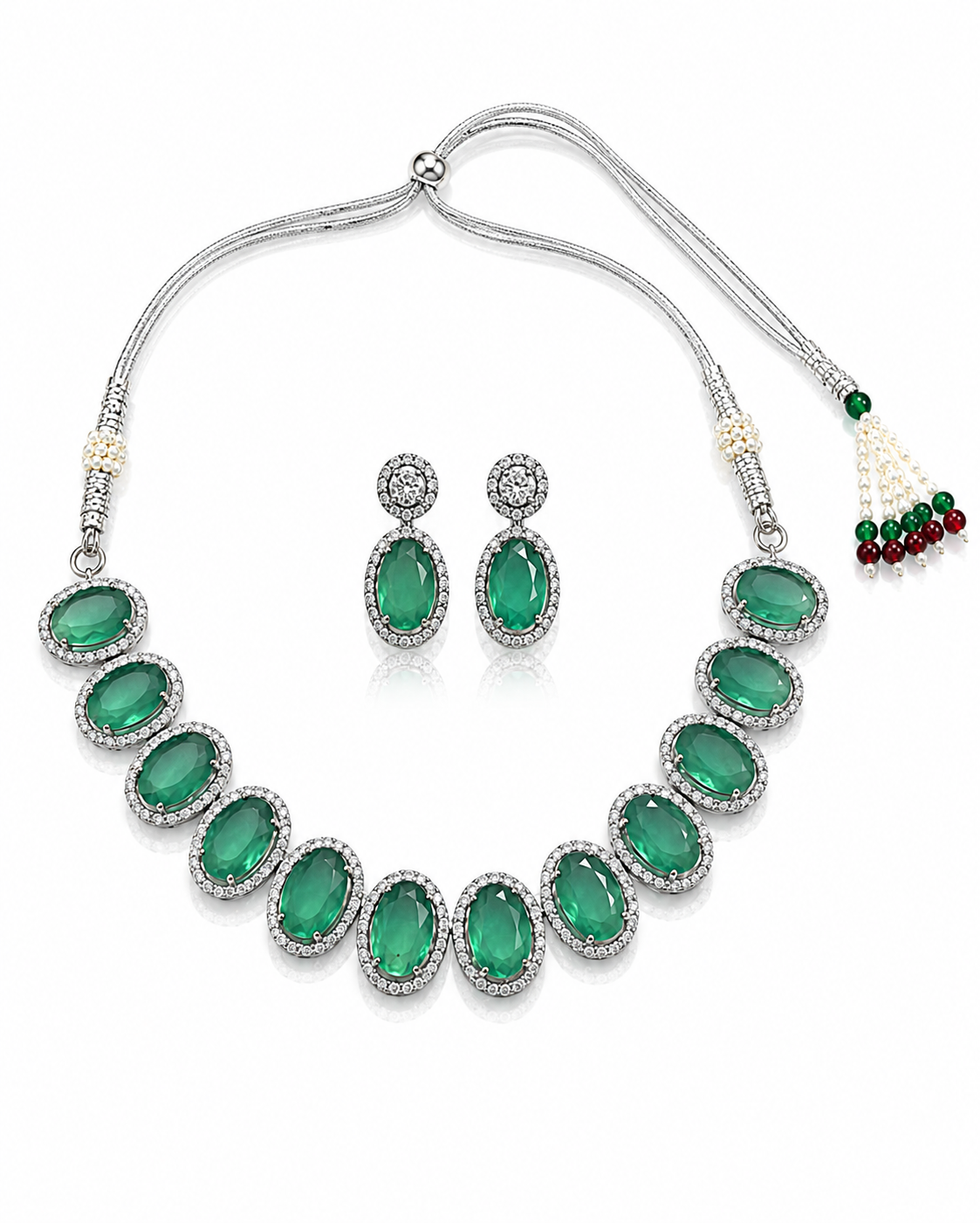 Elegant Silver-Toned Teal Green Stone Necklace & Earring Set
