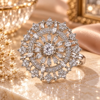 Silver-Toned Crystal Sunburst Statement Ring