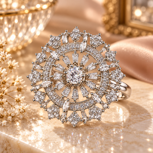 Silver-Toned Crystal Sunburst Statement Ring