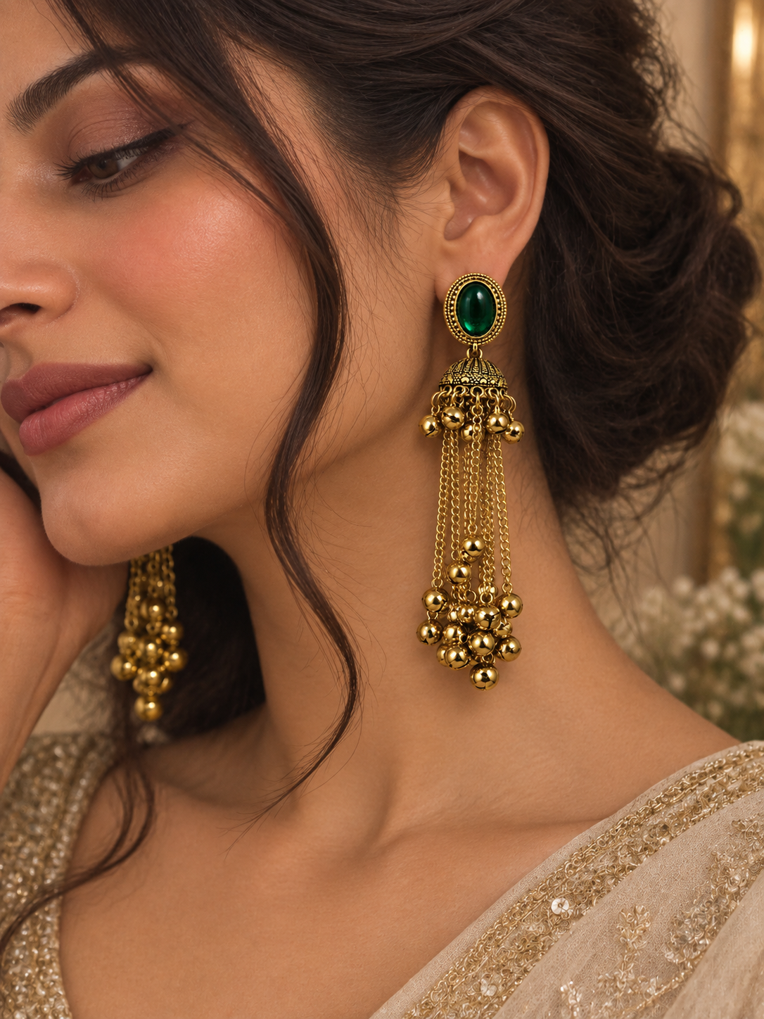 Premium Gold-Toned Emerald Green Stone Long Chain Jhumka Earrings