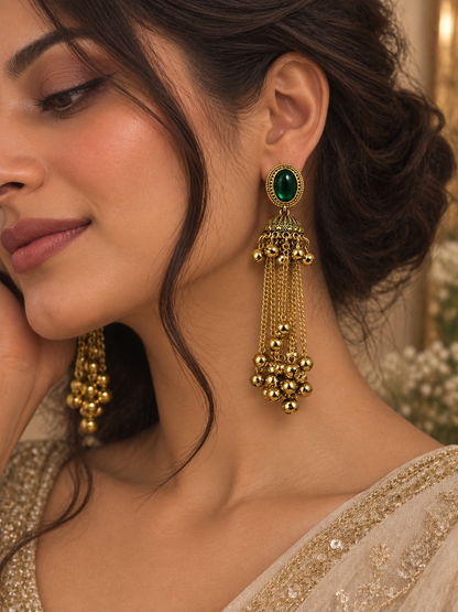Premium Gold-Toned Emerald Green Stone Long Chain Jhumka Earrings