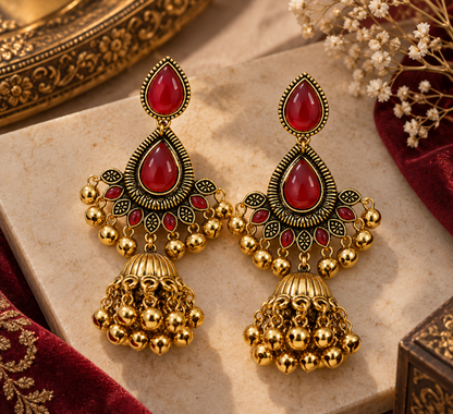 Premium Antique Gold-Toned Ruby Red Stone Chandelier Jhumka Earrings