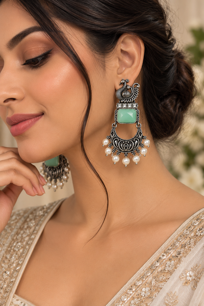 Premium Antique Silver-Toned Mint Green Peacock Statement Earrings
