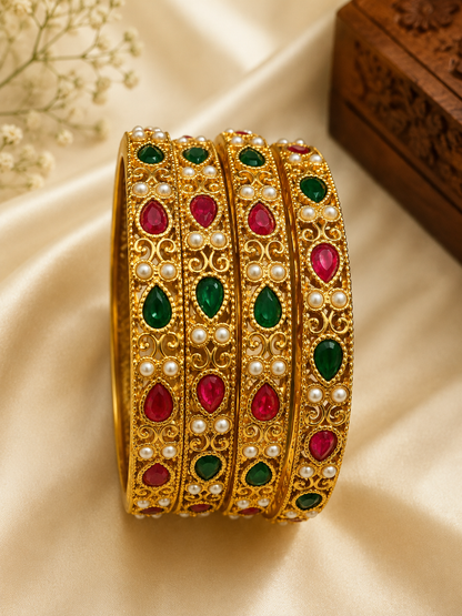 Regal Antique Gold Gemstone Bangle Set
