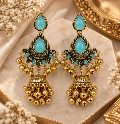 Premium Antique Gold-Toned Turquoise Stone & Bell Jhumka Earrings