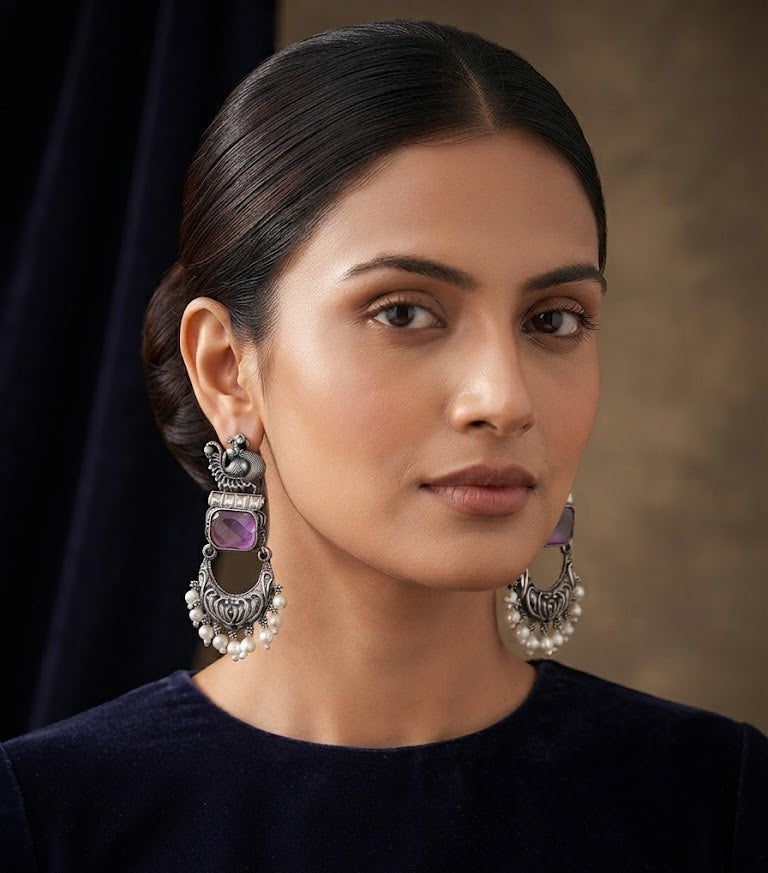 Premium Oxidized Silver Peacock-Inspired Purple Stone Statement Earrings