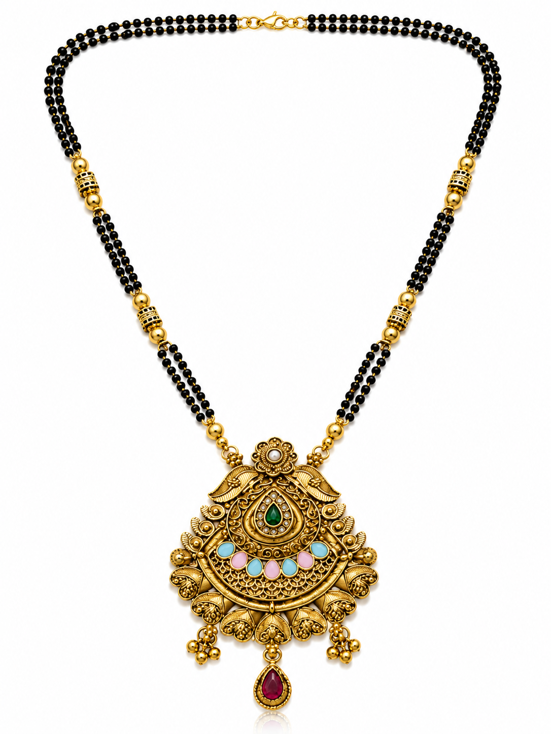 Antique Gold-Toned Multicolor Black Beaded Mangalsutra