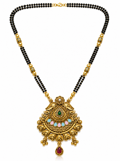 Antique Gold-Toned Multicolor Black Beaded Mangalsutra
