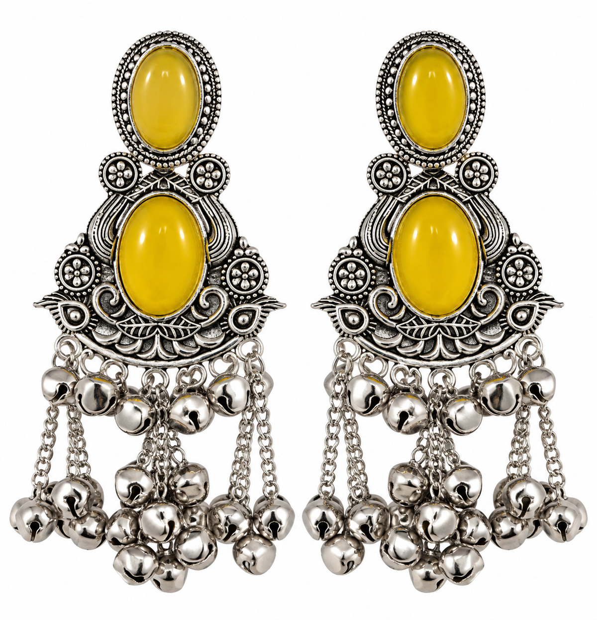 Premium Oxidized Silver-Toned Yellow Stone Jhumka Earrings