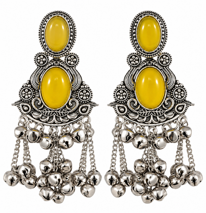 Premium Oxidized Silver-Toned Yellow Stone Jhumka Earrings