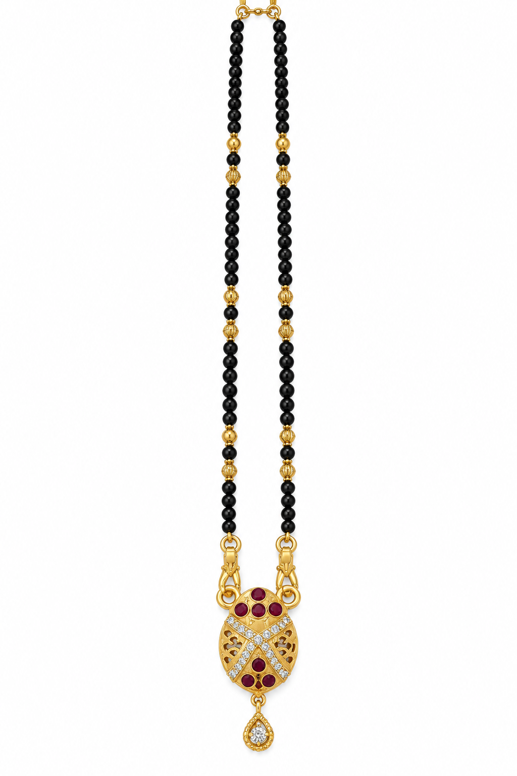 Elegant Black-Beaded Mangalsutra with Gold & Maroon Pendant
