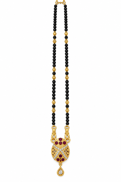 Elegant Black-Beaded Mangalsutra with Gold & Maroon Pendant