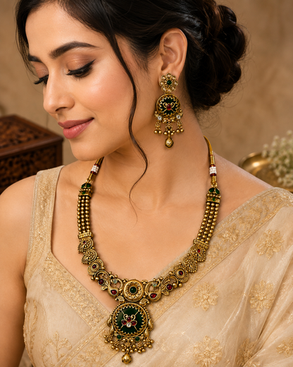 Heritage Emerald & Ruby Temple Necklace & Jhumka Set