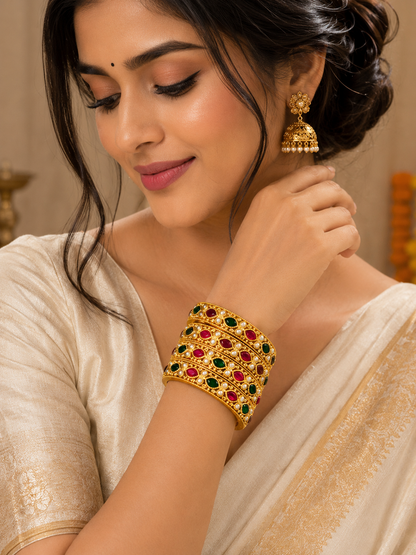 Regal Antique Gold Gemstone Bangle Set