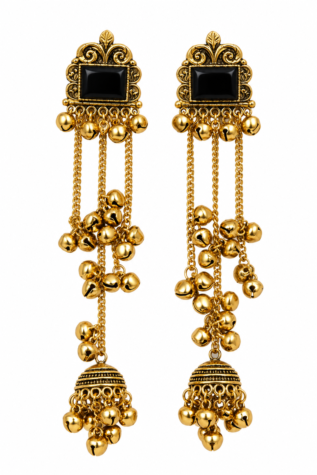 Premium Antique Gold-Toned Black Stone Long Chain Jhumka Earrings