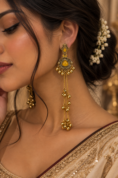 Premium Gold-Toned Yellow Stone Long Chain Jhumka Earrings