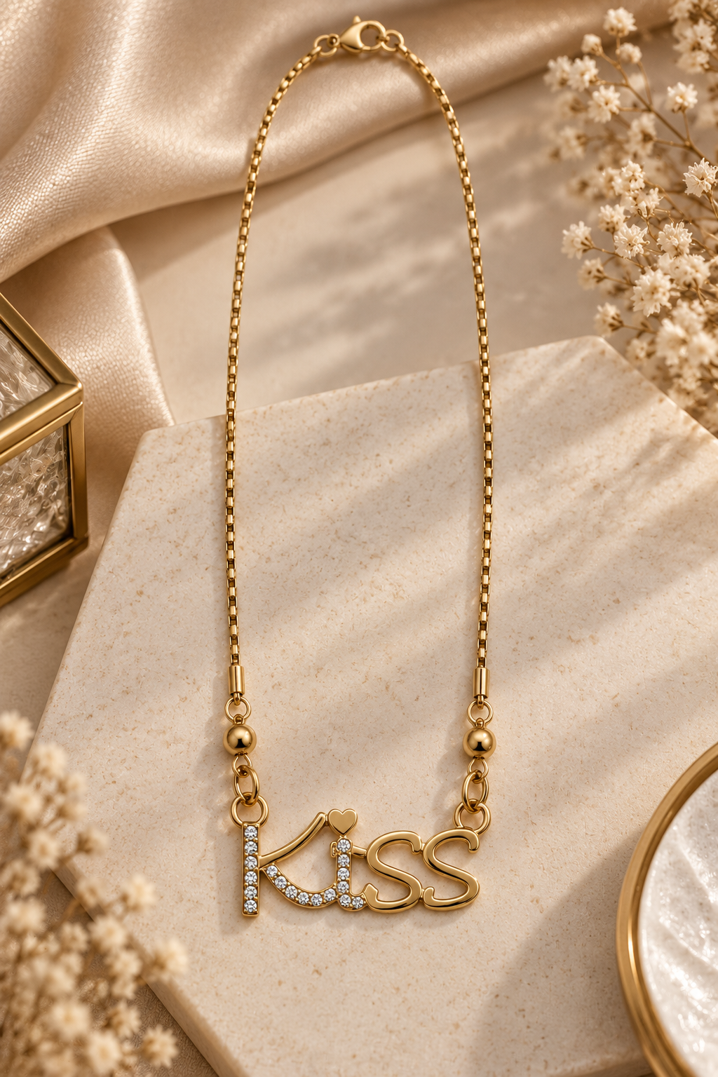 Premium Gold-Toned “KISS” Script Pendant Necklace