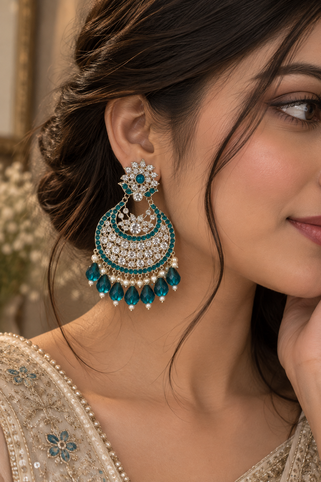 Premium Silver-Toned Teal Blue Crystal Chandbali Earrings with Pearl & Beaded Drop Embellishments