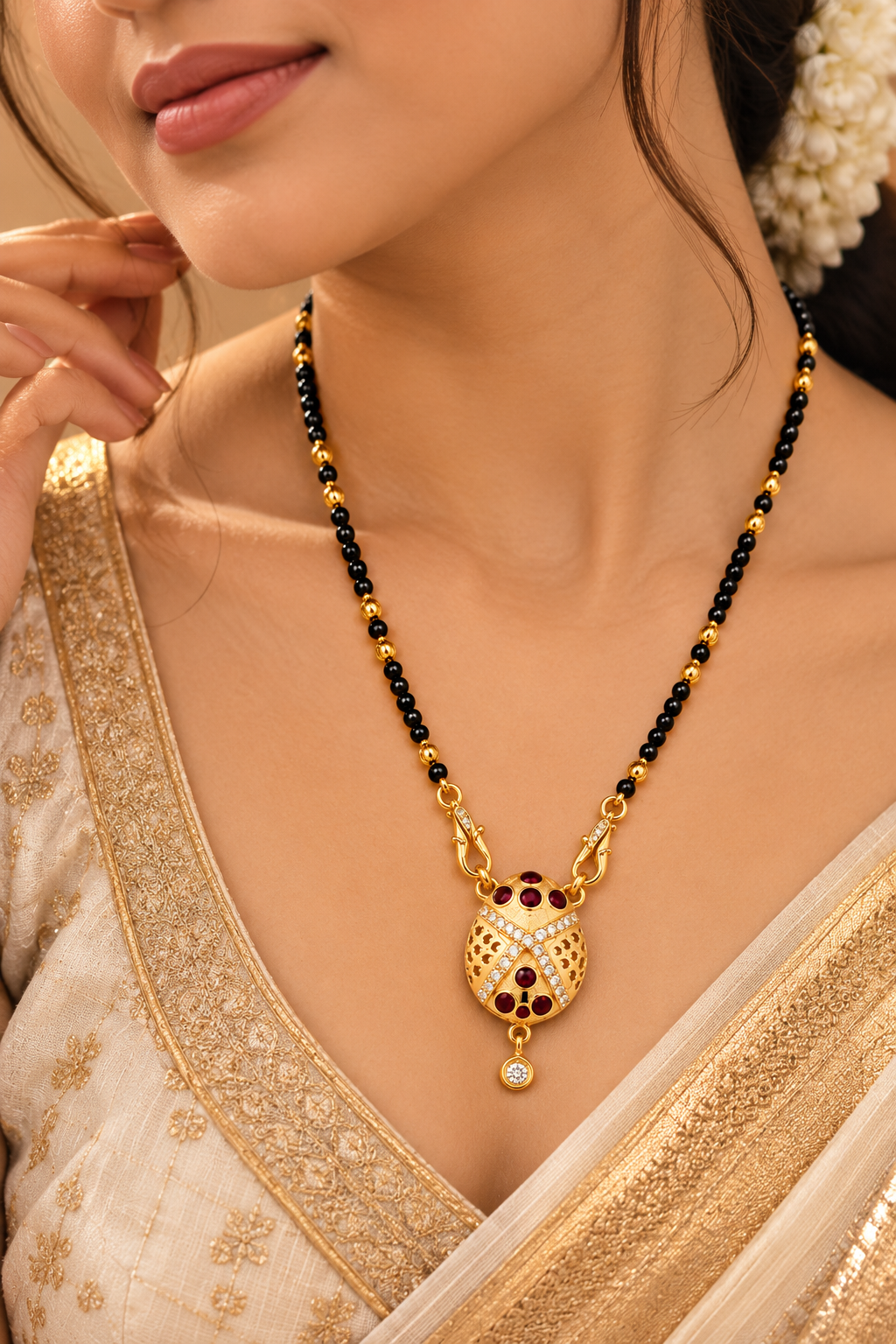 Elegant Black-Beaded Mangalsutra with Gold & Maroon Pendant