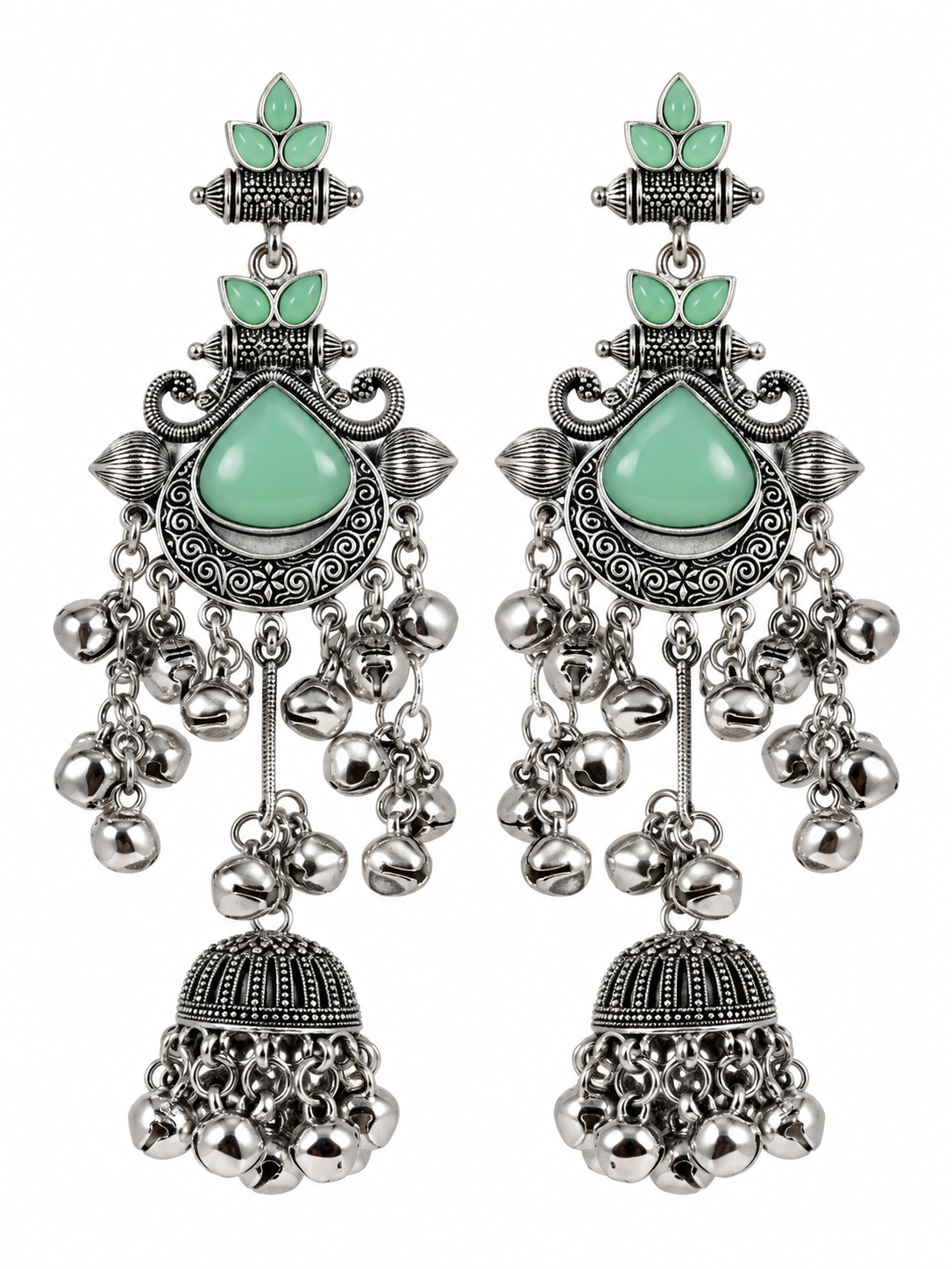Premium Oxidized Silver-Toned Mint Green Stone Chandelier Jhumka Earrings