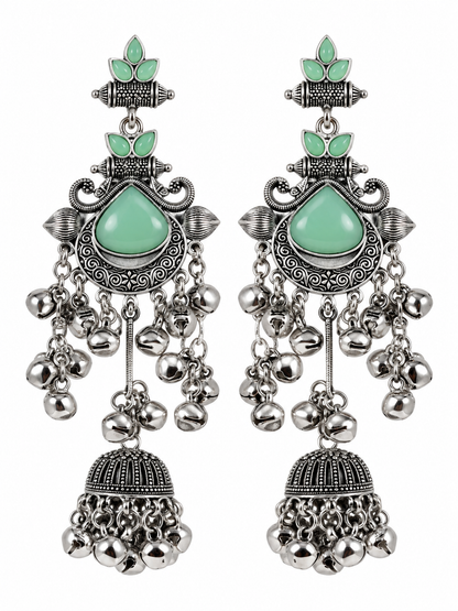 Premium Oxidized Silver-Toned Mint Green Stone Chandelier Jhumka Earrings