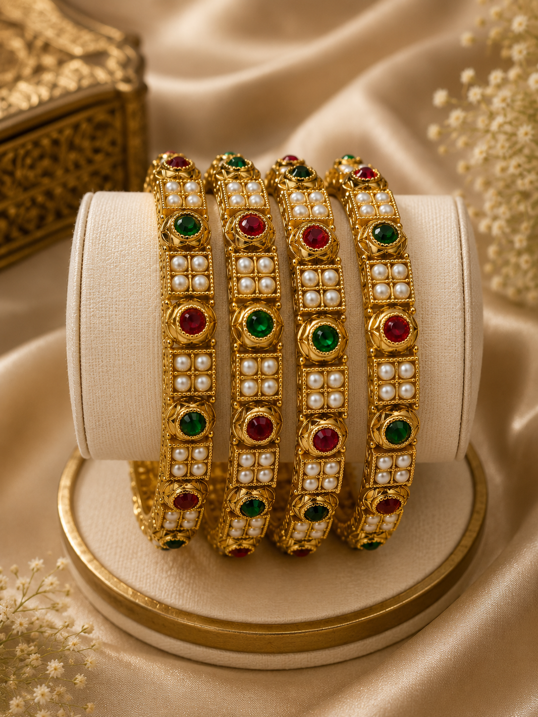 Antique Gold-Toned Multicolor Pearl Bangle Set