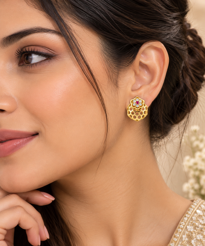 Gold-Toned Honeycomb Floral Stud Earrings