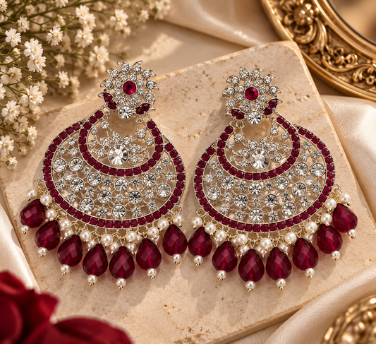 Premium Silver-Toned Ruby Pink Chandbali Statement Earrings