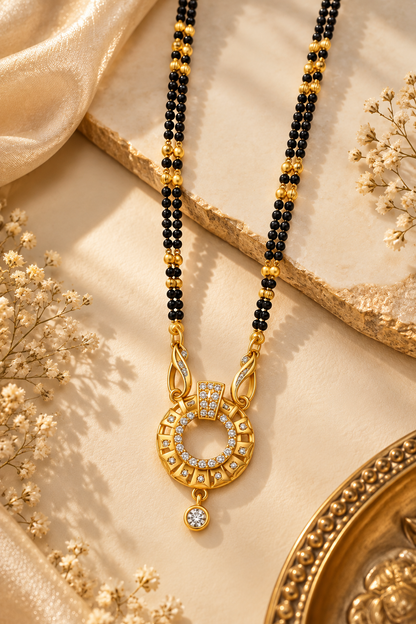 Elegant Black-Beaded Mangalsutra with Gold-Toned Circular Pendant