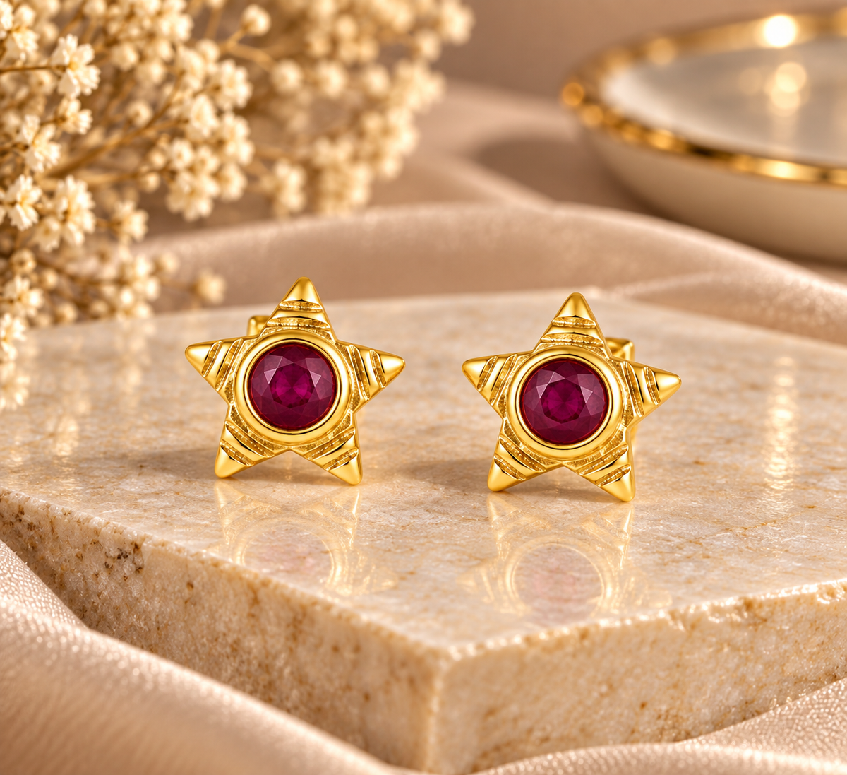 Premium Gold-Toned Star Stud Earrings with Ruby Accents