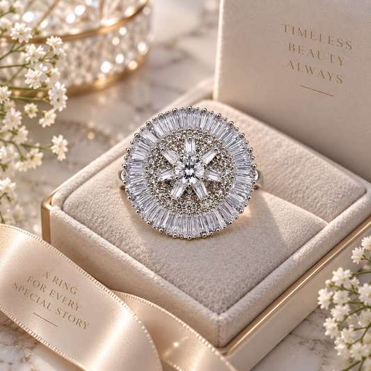 Premium Silver-Toned Sunburst Statement Ring