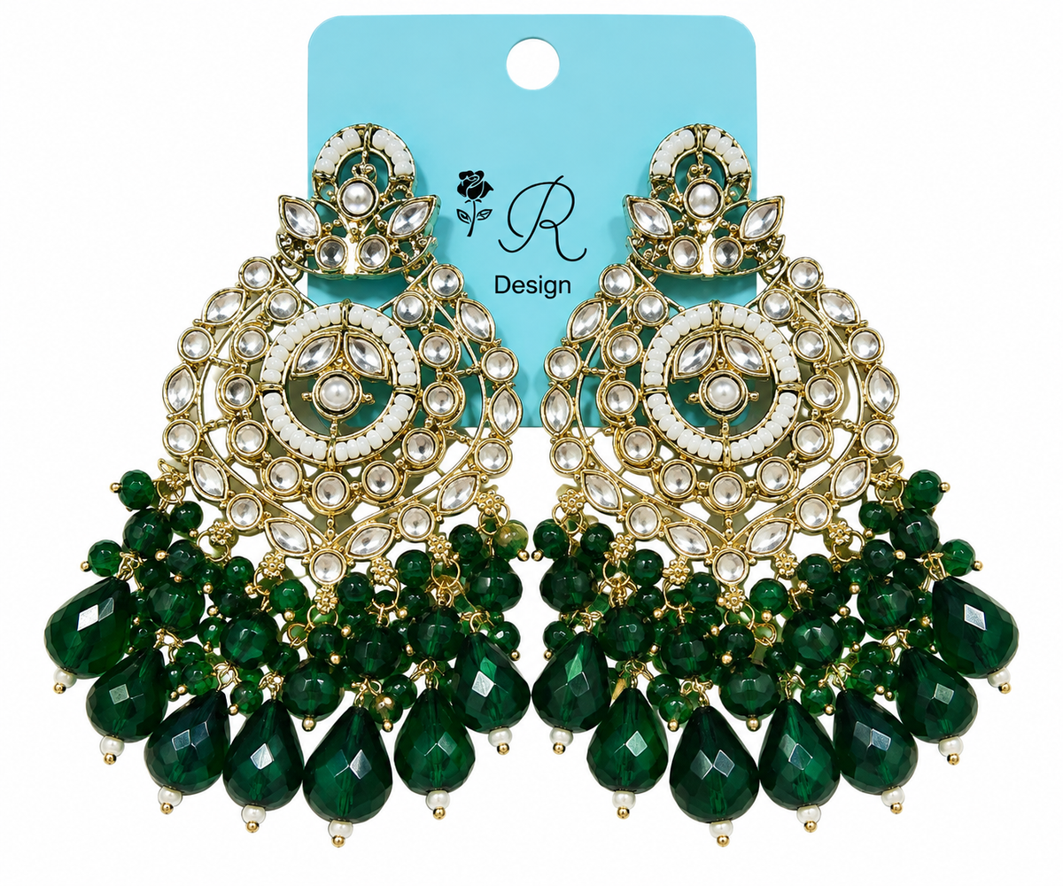 Premium Gold-Toned Kundan-Style Emerald Green Chandelier Earrings