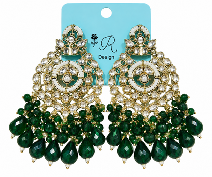 Premium Gold-Toned Kundan-Style Emerald Green Chandelier Earrings