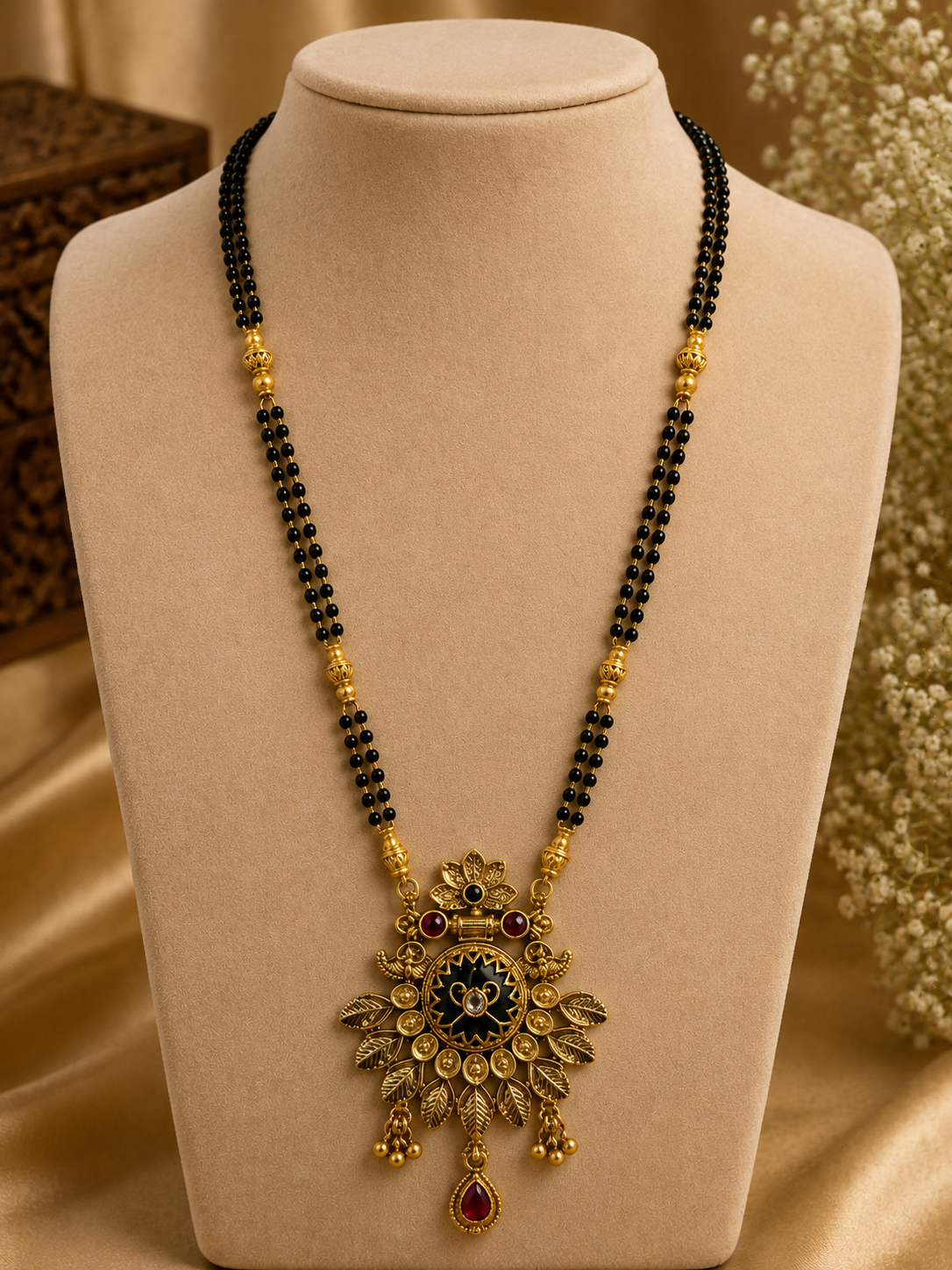 Antique Gold-Toned Black Beaded Floral Mangalsutra