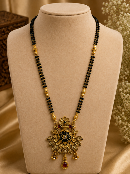Antique Gold-Toned Black Beaded Floral Mangalsutra