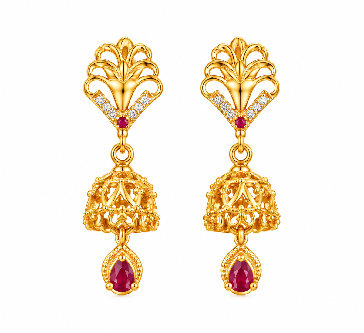 Premium Gold-Toned Filigree Jhumka Drop Earrings with Ruby Accents