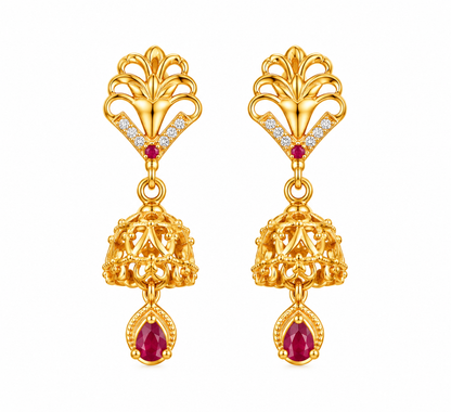 Premium Gold-Toned Filigree Jhumka Drop Earrings with Ruby Accents