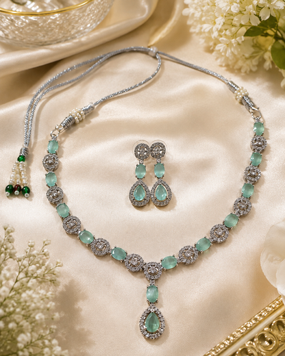 Silver-Toned Mint Green Crystal Necklace & Earring Set