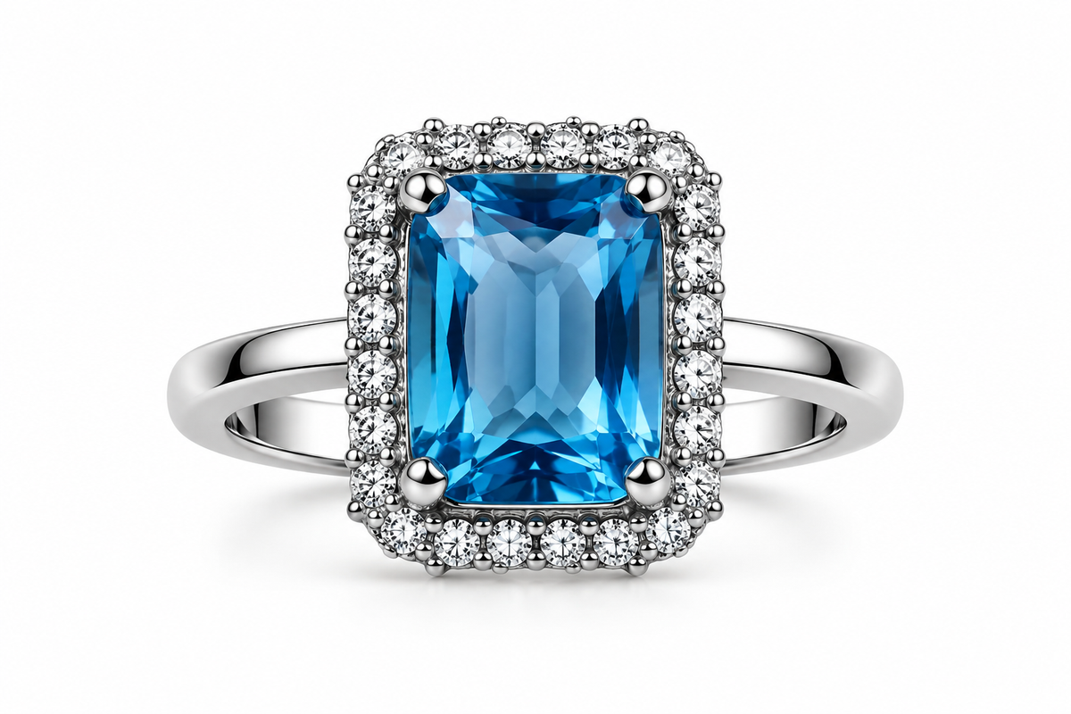 Sapphire Blue Rectangular Halo Statement Ring